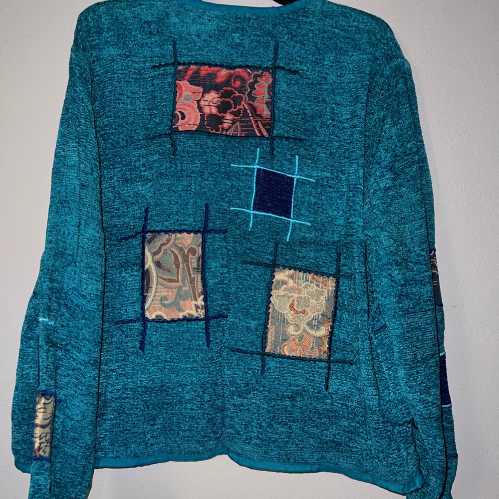Teal Patchwork Cardigan With Button Closure - image 5